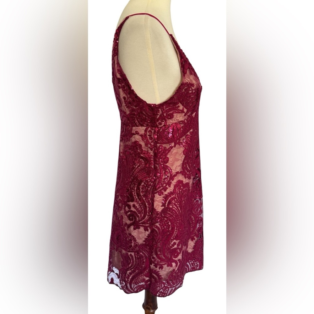 Free People Night Shimmer Mini Raspberry Red V Neck Sequined Dress Size 2 - Picture 3 of 13